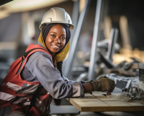 A young employee smiling confidently in a professional workplace.