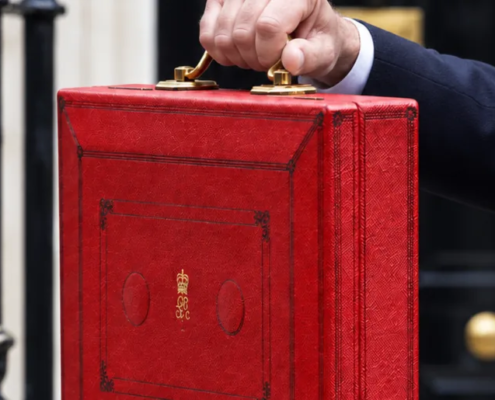 Budget 2026: the red chancellor of the exchequer budget briefcase outside downing street