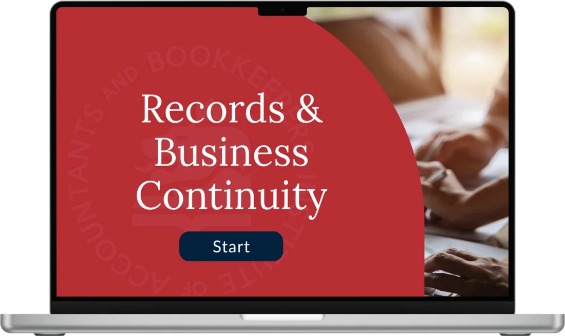 Iab aml module hero: records and business continuity Records and business continuity aml cpd module shown on a laptop screen